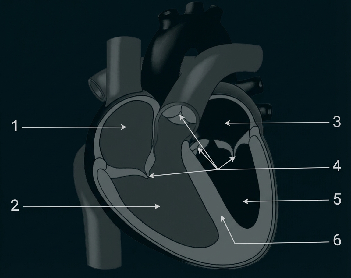 Querschnitt des Herzens mit markierten Kammern und Klappen, nummeriert 1–6.